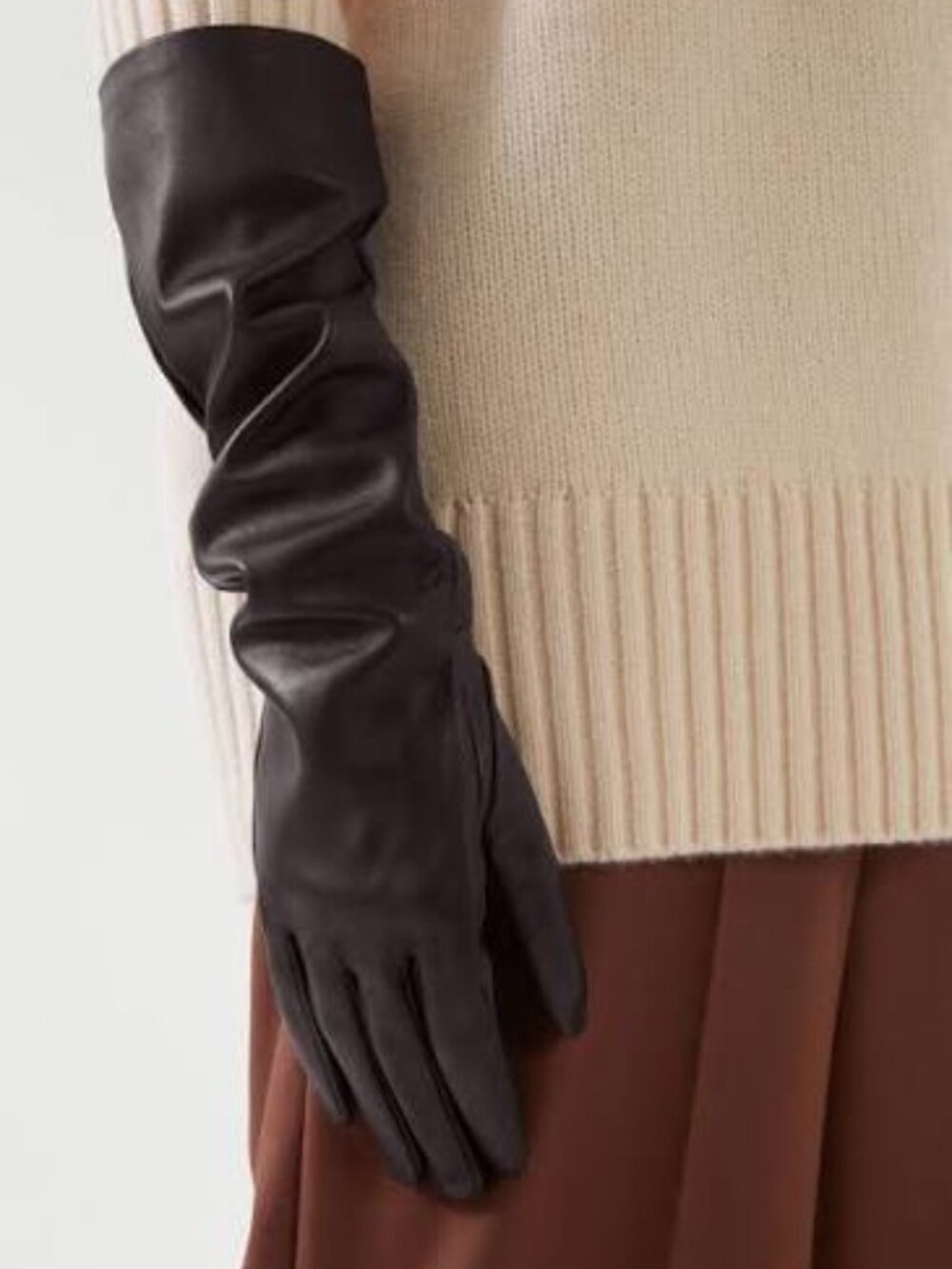 COS Dark Chocolate Brown Genuine 100% Leather Opera Length Long Gloves
